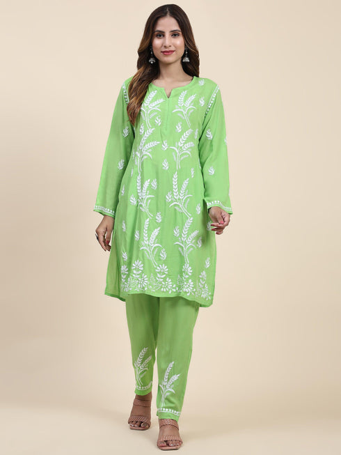 Fizaa Chikankari Short Modal Kurta Set - Green